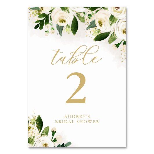白と金ゴールドの水彩フローラ パーソナライズされた テーブルナンバー (正面)