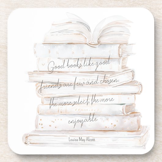 白と金ゴールドの水彩友情&ブックス引用文 コースター (正面)