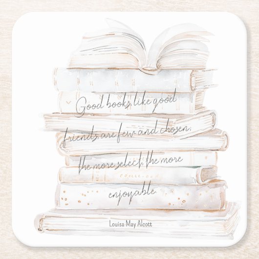 白と金ゴールドの水彩友情&ブックス引用文 スクエアペーパーコースター (正面)