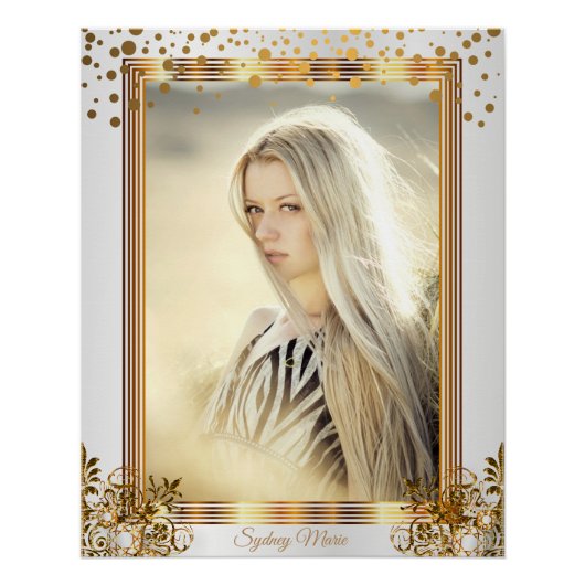 白と金ゴールドの紙吹雪ドット – 写真の追加 ポスター (正面)