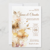 白と金ゴールドの素朴結婚モダンフローラ 招待状 (正面)