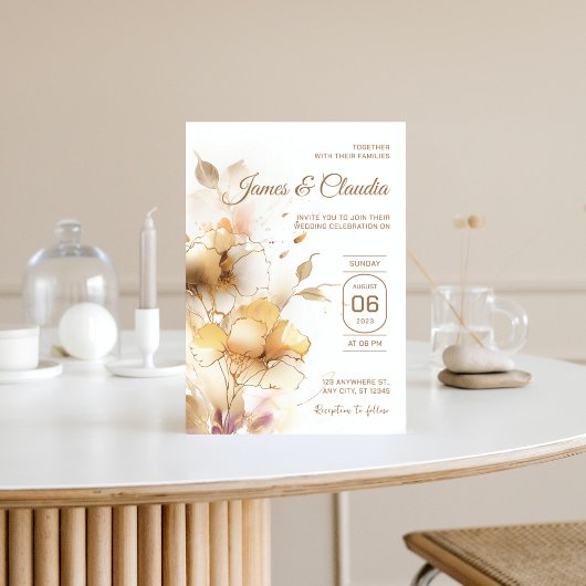 白と金ゴールドの素朴結婚モダンフローラ 招待状