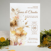 白と金ゴールドの素朴結婚モダンフローラ 招待状