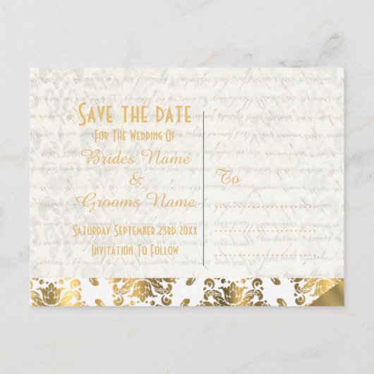 白と金ゴールドの羊皮紙の日付を保存 案内ポストカード (裏面)