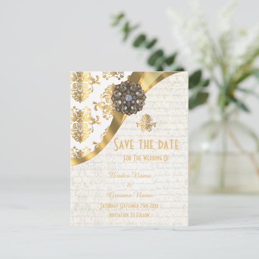 白と金ゴールドの羊皮紙の日付を保存 案内ポストカード (スタンド正面)