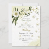白と金ゴールドの花が緑結婚色 招待状 (正面)