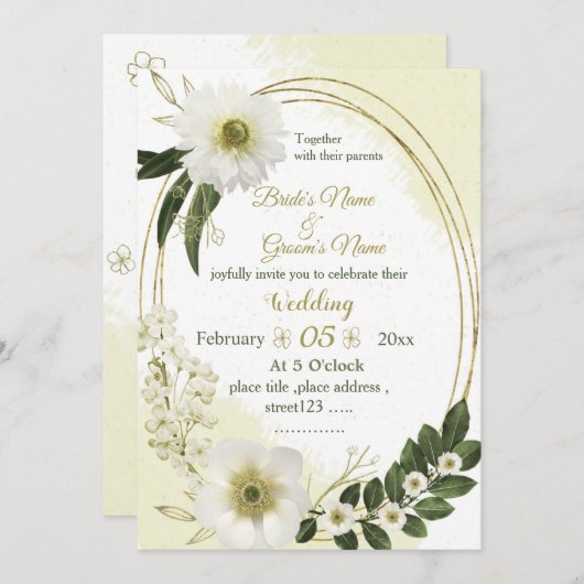 白と金ゴールドの花の幾何学的な結婚緑 招待状 (正面/裏面)