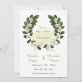 白と金ゴールドの花の緑のリース日付を保存 招待状 (正面)