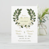 白と金ゴールドの花の緑のリース日付を保存 招待状 (スタンド正面)