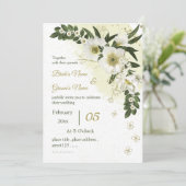 白と金ゴールドの花の緑の結婚式招待状 招待状 (スタンド正面)