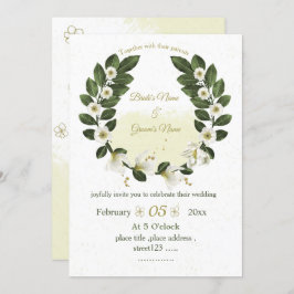 白と金ゴールドの花の緑結婚のリース 招待状
