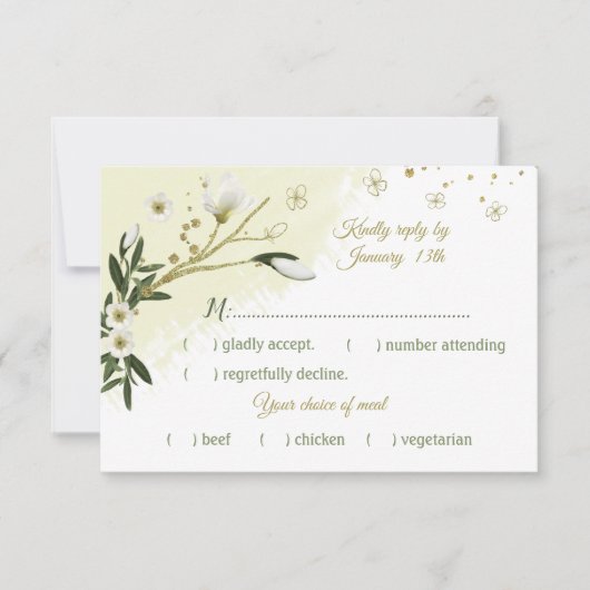 白と金ゴールドの花の葉緑の食事の選択 出欠カード (正面)