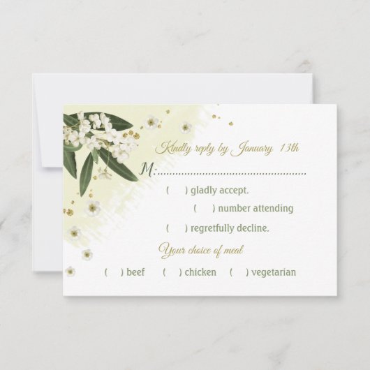 白と金ゴールドの花の葉緑の食事の選択 出欠カード (正面)