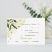 白と金ゴールドの花の葉緑の食事の選択 出欠カード (スタンド正面)