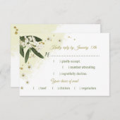 白と金ゴールドの花の葉緑の食事の選択 出欠カード (正面/裏面)