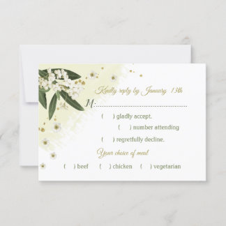 白と金ゴールドの花の葉緑の食事の選択 出欠カード