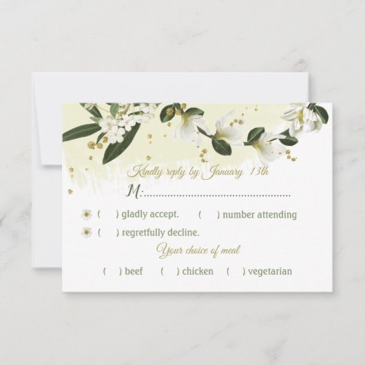 白と金ゴールドの花の葉緑の食事の選択 出欠カード (正面)