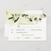 白と金ゴールドの花の葉緑の食事の選択 出欠カード (正面/裏面)