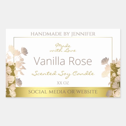 白と金ゴールドの花の製品包装ラベル 長方形シール (正面)