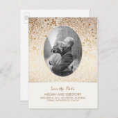 白と金ゴールドの花シックな写真日付を保存 案内ポストカード (正面/裏面)