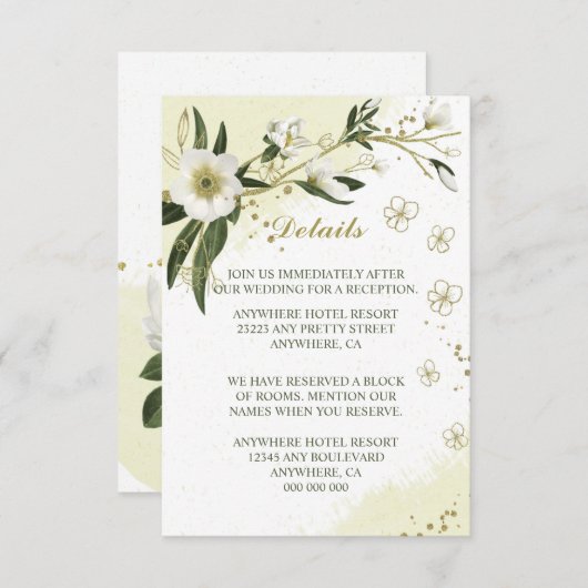 白と金ゴールドの花葉緑詳細 エンクロージャーカード (正面/裏面)