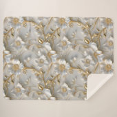 白と金ゴールドの3Dフローラ装飾模様 シェルパブランケット (正面(横))