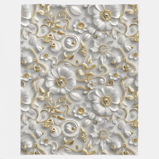 白と金ゴールドの3Dフローラ装飾模様 フリースブランケット (正面)