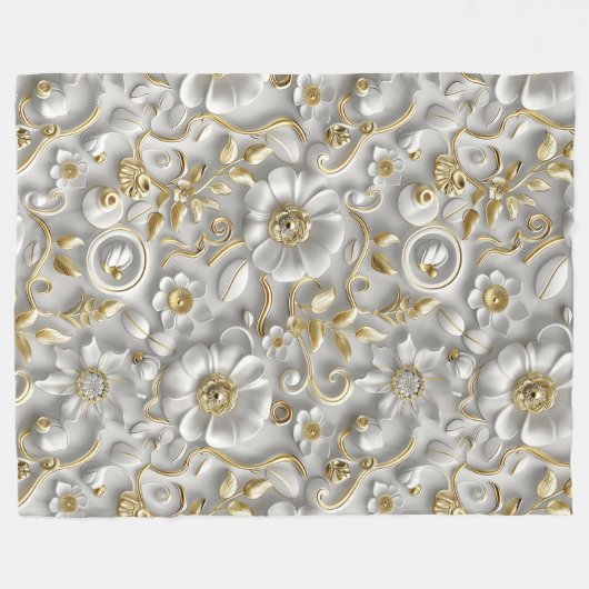 白と金ゴールドの3Dフローラ装飾模様 フリースブランケット (正面(横))