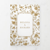 白と金ゴールドのChinoiserieクレストQRコード結婚ズ 三つ折り招待状 (カバー)