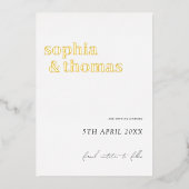 白と金ゴールドエレガントのミニマル結婚式の日付を保存 箔招待状 (正面)