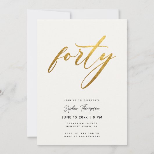 白と金ゴールドエレガントの40歳の誕生日 招待状 (正面)