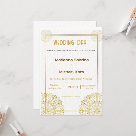 白と金ゴールドエレガントウェディング招待状 招待状 (正面/裏面インサイチュ)