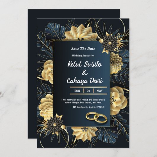 白と金ゴールドエレガントウェディング招待状 招待状 (正面/裏面)