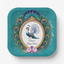白と金ゴールドカラフルピーコックベビーシャワー ペーパープレート