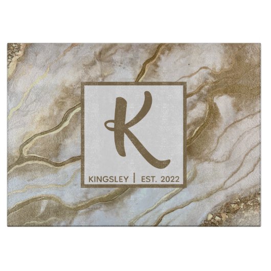 白と金ゴールドグリッターアゲートモノグラムの名前の年 カッティングボード (正面)