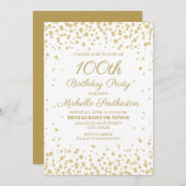 白と金ゴールドグリッター100th誕生日パーティー 招待状 (正面/裏面)