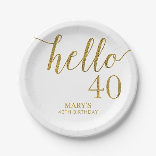 白と金ゴールドグリッター40歳の誕生日 ペーパープレート (正面)
