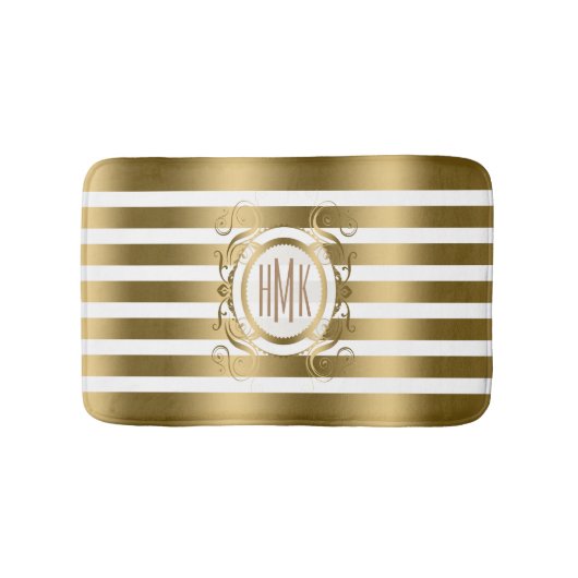 白と金ゴールドストライプの渦巻きフレーム バスマット (正面)