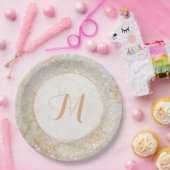 白と金ゴールドスパークルモノグラム ペーパープレート (パーティー)