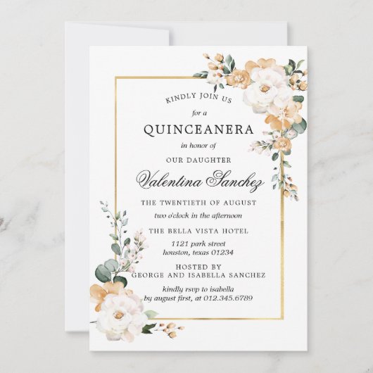 白と金ゴールドバラフローラキンセアニェラ 招待状 (正面)