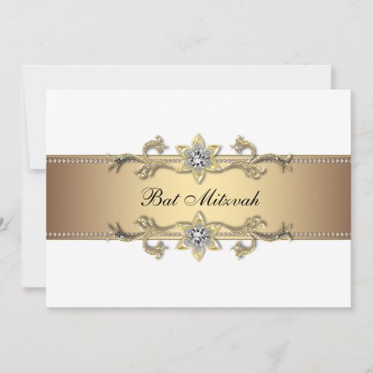 白と金ゴールドバルミツワー 招待状 (正面)