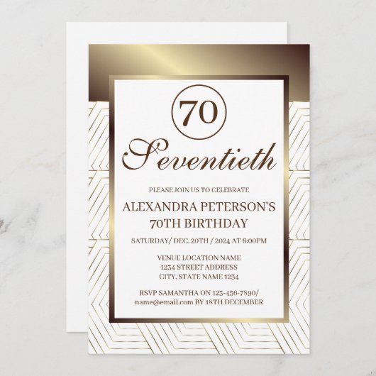 白と金ゴールドパターン（の模様が）ある縁ど誕生日 招待状 (正面/裏面)