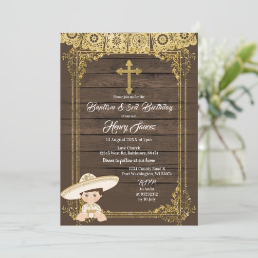 白と金ゴールドメキシコのチャロのバプテスマと誕生日3 招待状 (スタンド正面)