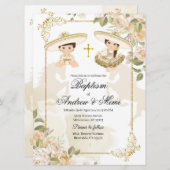 白と金ゴールドメキシコの双子と女の子のバプテスマ 招待状 (正面/裏面)