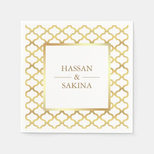 白と金ゴールドモロッコクローバー結婚ズ スタンダードカクテルナプキン (正面)