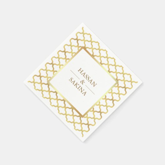 白と金ゴールドモロッコクローバー結婚ズ スタンダードカクテルナプキン (角)