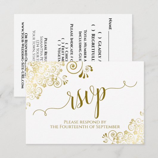 白と金ゴールドレースエレガント書付結婚き 出欠カード (正面/裏面)