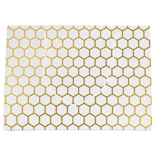 白と金ゴールド六角の幾何学模様 ラージペーパーバッグ (正面)