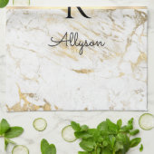 白と金ゴールド大理石金ゴールドバースクリプト名、モノグラム キッチンタオル (折り畳み)