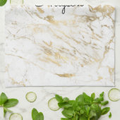 白と金ゴールド大理石、黒のスクリプト名またはモノグラム キッチンタオル (折り畳み)